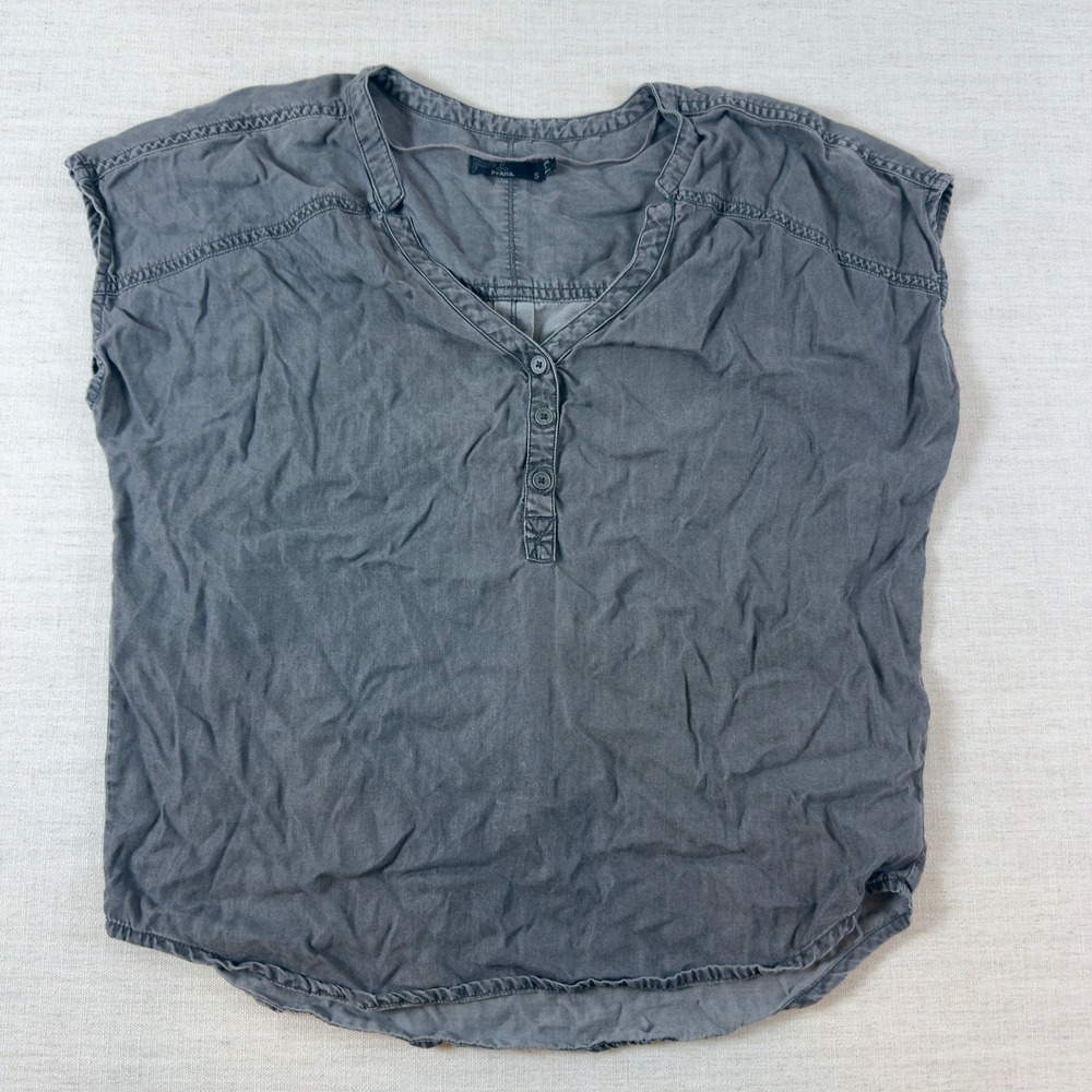 Prana Womens Small Gray Cap Sleeve Henley V-Neck Blouse Curved Hem Top
